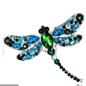 Sparkling Dragonfly Brooch Pin Blue & Green Rhinestones Silver Tone